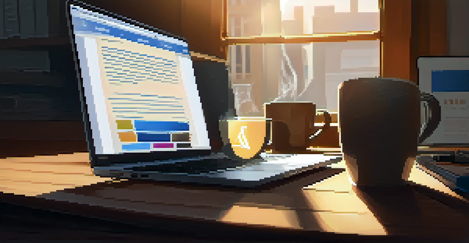 An office desk with a laptop open to a crypto donation site, a cup of coffee, and a notepad, illuminated by sunlight.