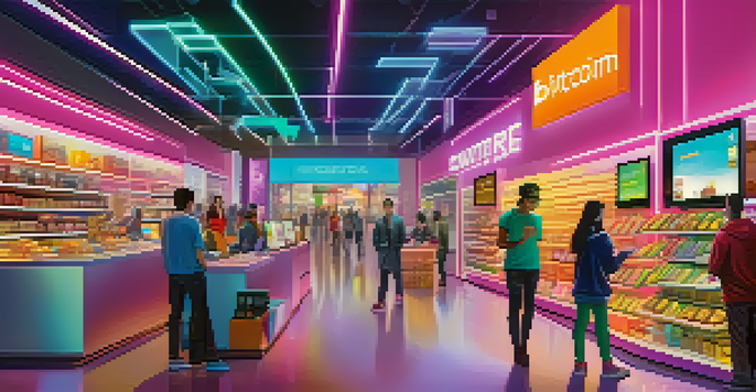 A diverse group of shoppers using technology to make purchases in a modern e-commerce environment, with digital currencies displayed.