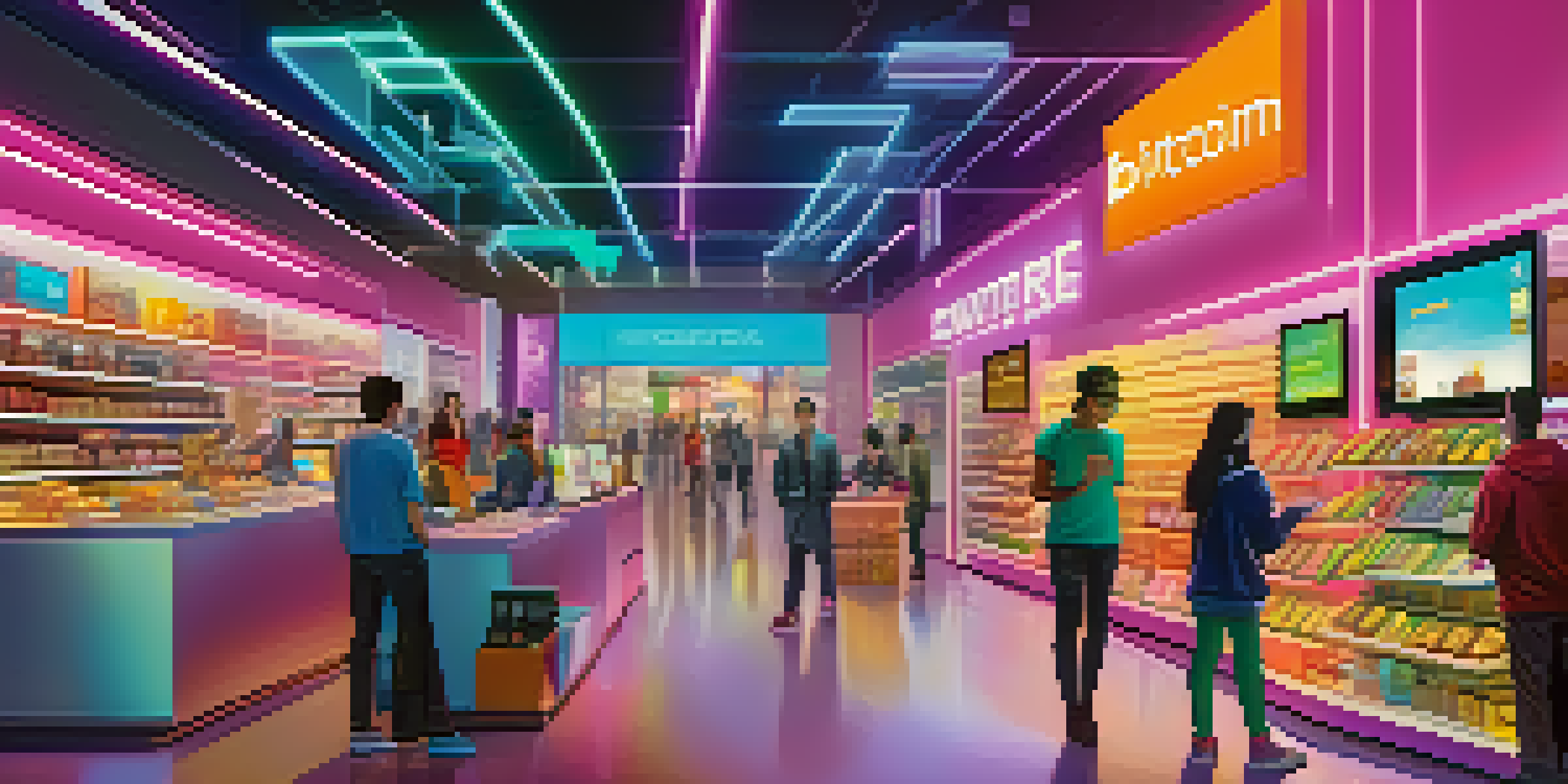 A diverse group of shoppers using technology to make purchases in a modern e-commerce environment, with digital currencies displayed.