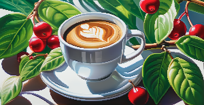 A close-up view of a coffee plant with ripe cherries and green leaves, overlaid with a digital representation of a blockchain ledger.