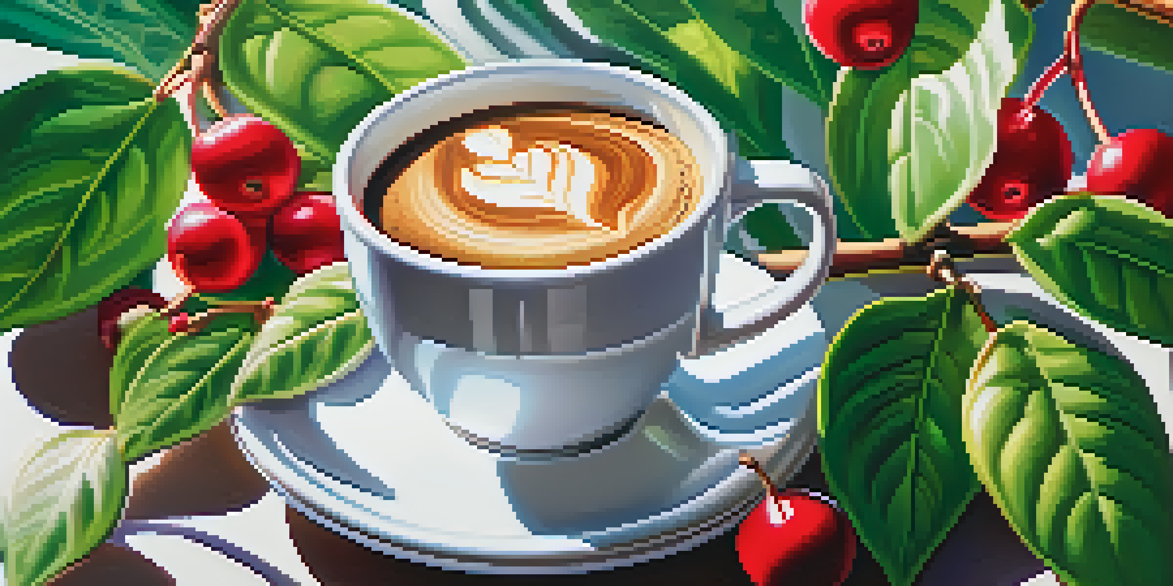 A close-up view of a coffee plant with ripe cherries and green leaves, overlaid with a digital representation of a blockchain ledger.