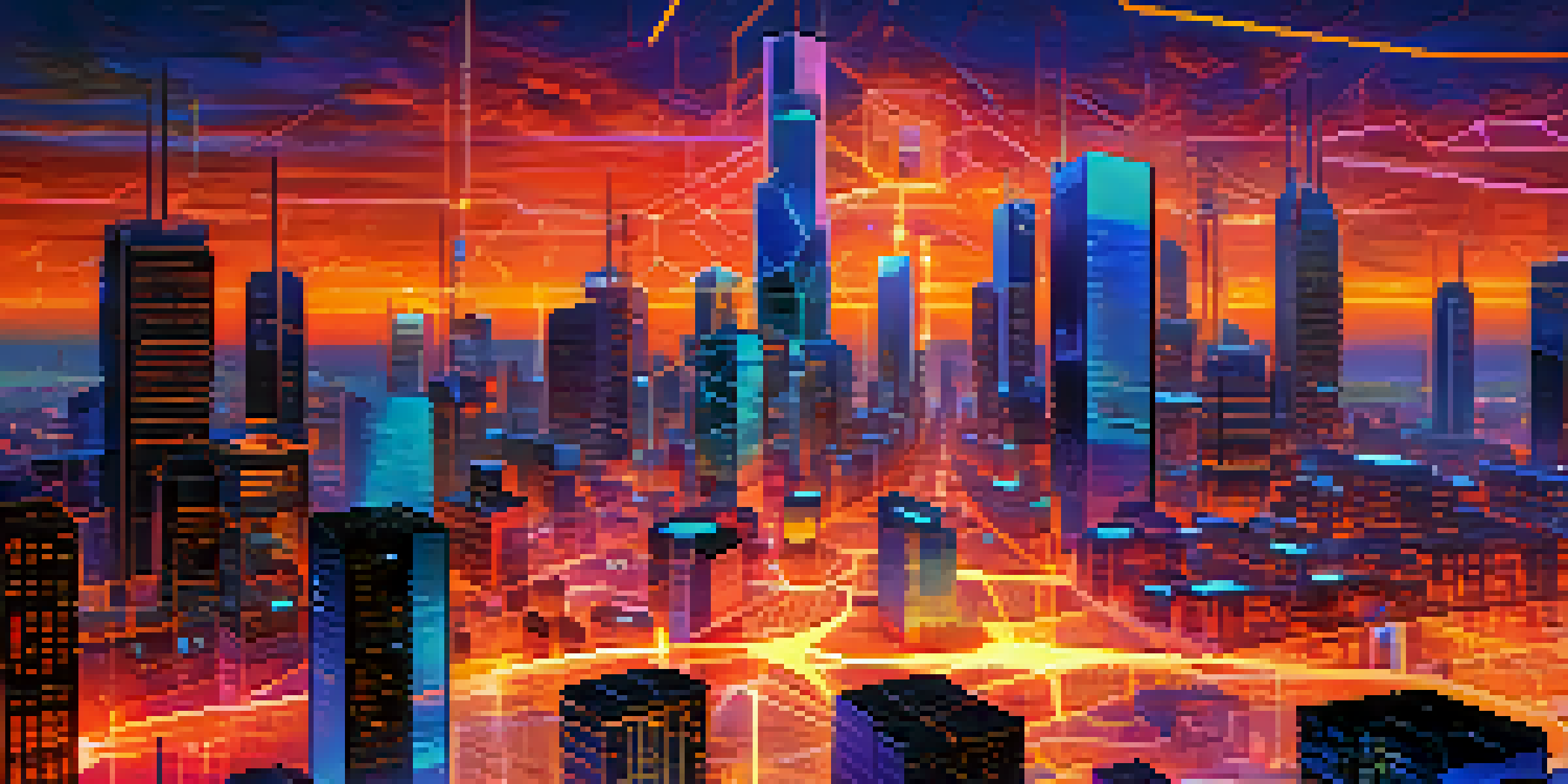 A futuristic city skyline at dusk with glowing blockchain nodes and colorful light trails representing data flow.