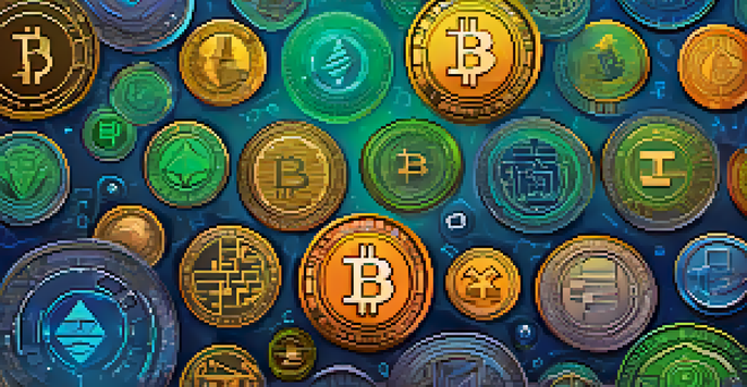 A digital wallet interface displaying colorful cryptocurrency tokens against a blue and green gradient background.