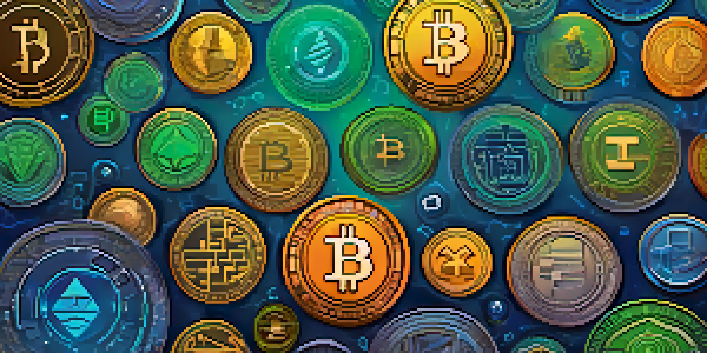 A digital wallet interface displaying colorful cryptocurrency tokens against a blue and green gradient background.
