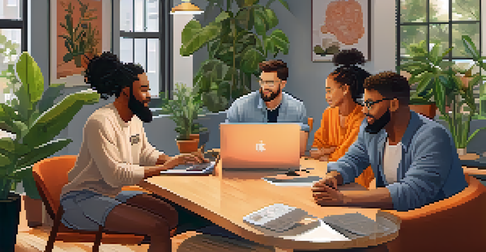 A diverse team of cryptocurrency professionals collaborating in a cozy home office, with laptops and a colorful ambiance.