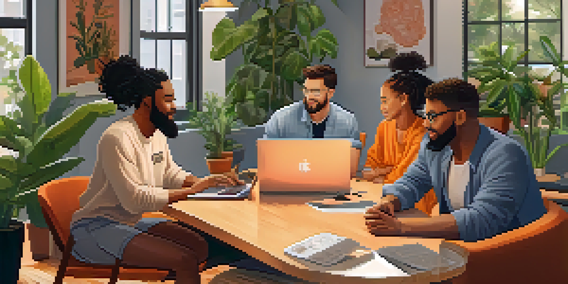 A diverse team of cryptocurrency professionals collaborating in a cozy home office, with laptops and a colorful ambiance.