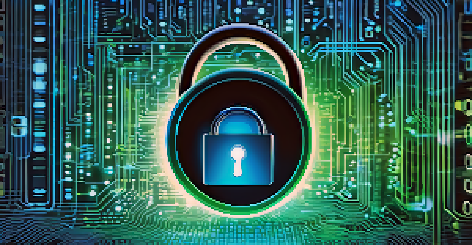A glowing digital lock against a backdrop of binary code and abstract technology patterns.