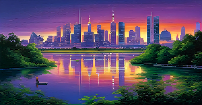 A futuristic city skyline at dusk, with colorful reflections in a river and greenery in the foreground.