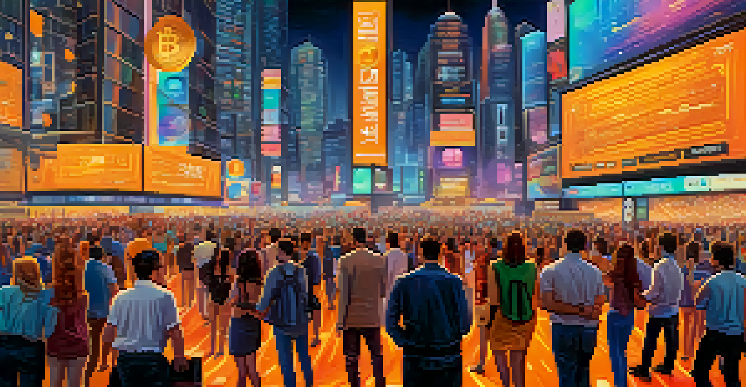 A vibrant cityscape illustrating a cryptocurrency market with price graphs and excited investors responding to influencers.