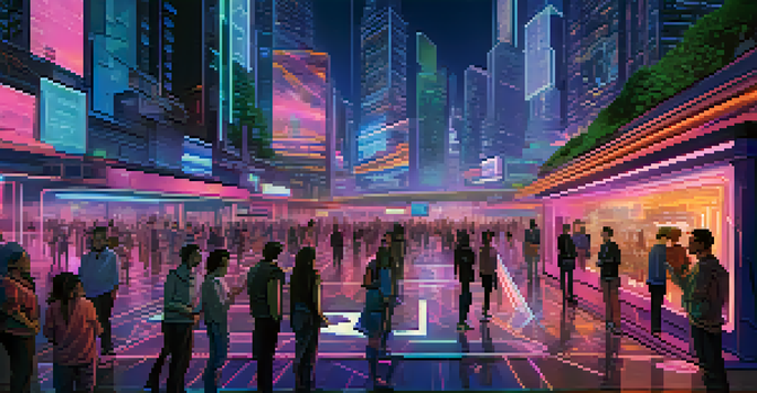 A futuristic cityscape with diverse individuals collaborating in a virtual environment, surrounded by digital screens displaying voting and smart contracts, illuminated by neon colors.