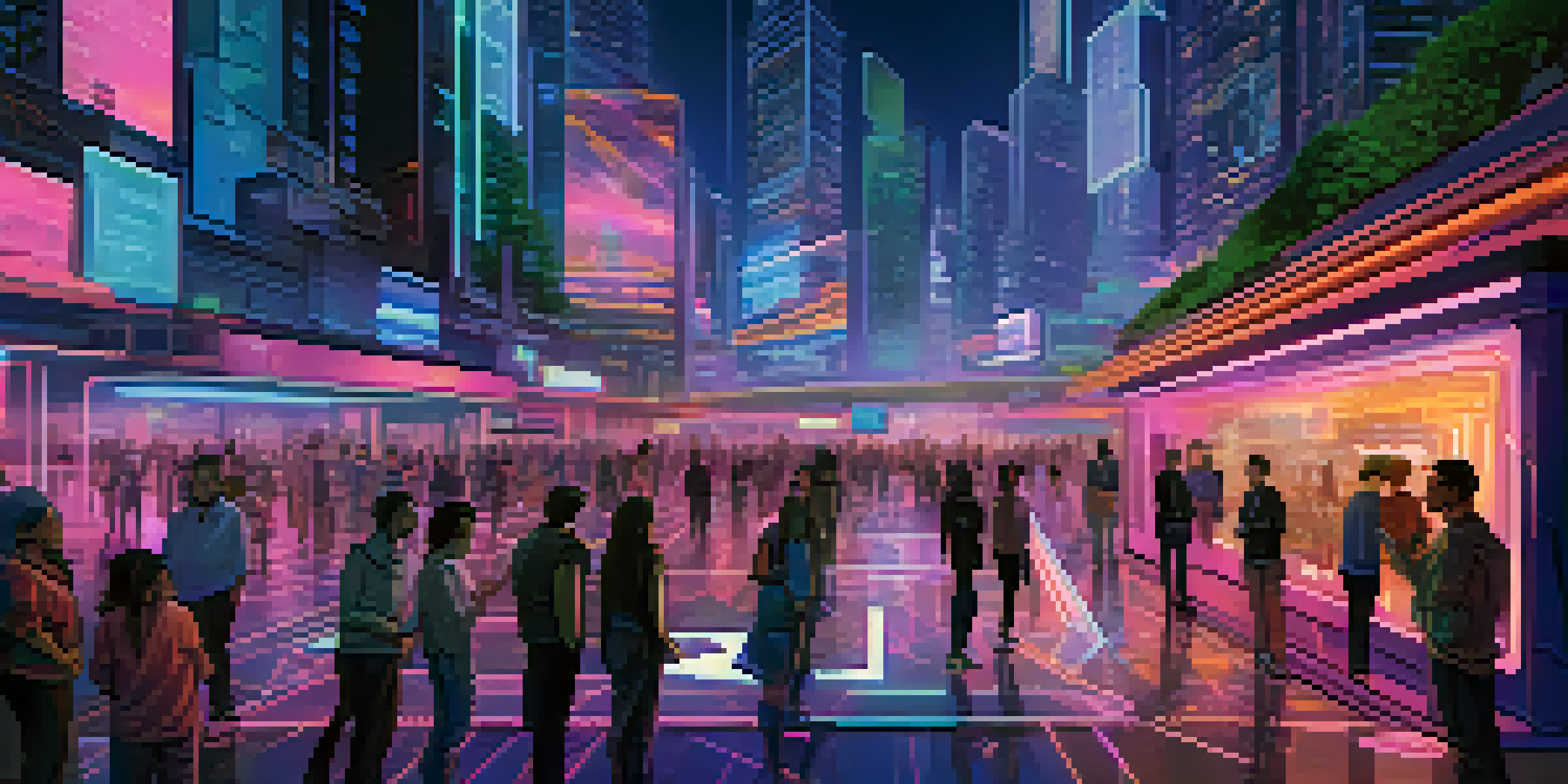 A futuristic cityscape with diverse individuals collaborating in a virtual environment, surrounded by digital screens displaying voting and smart contracts, illuminated by neon colors.
