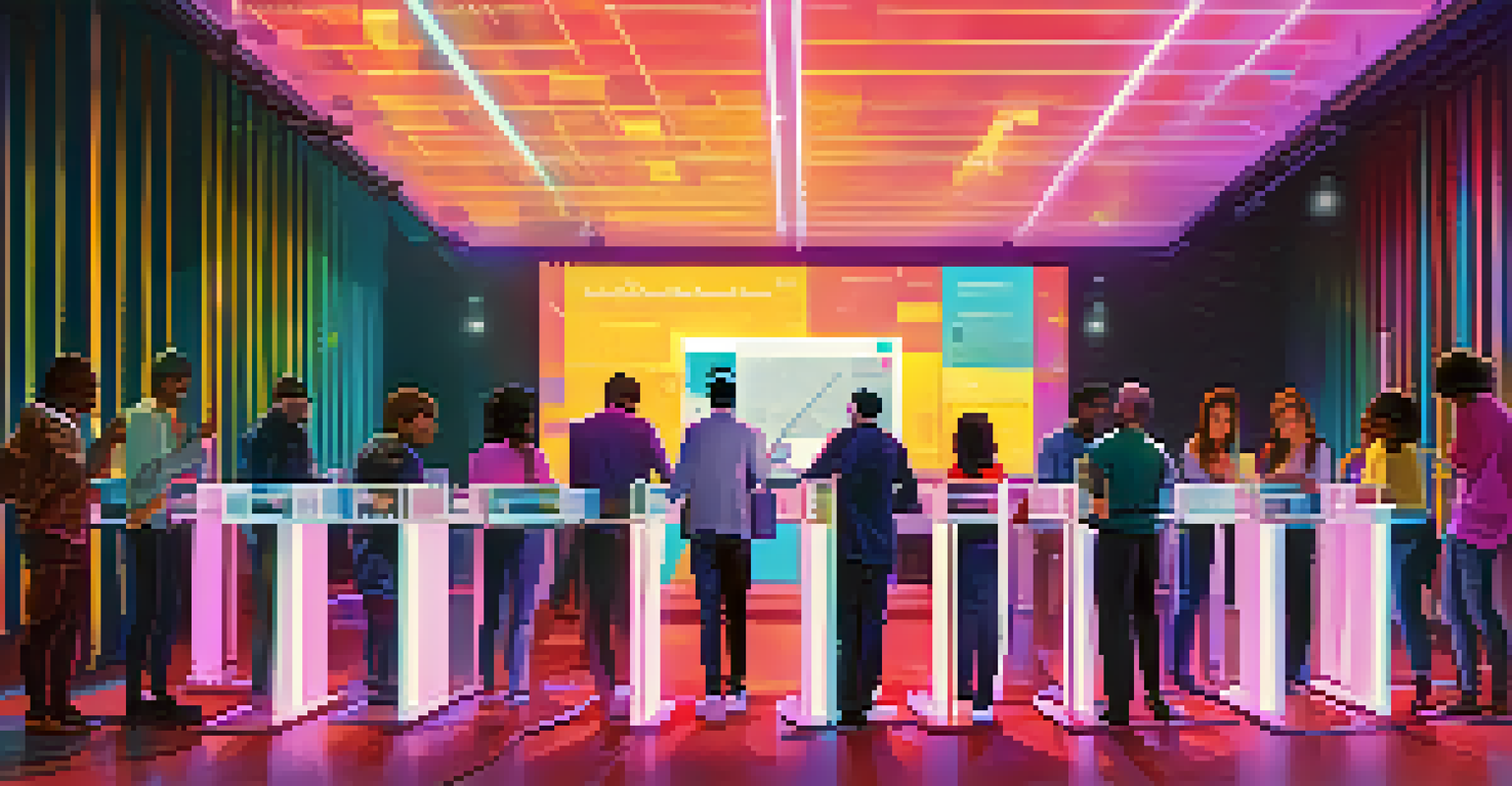 A diverse group of people voting in a modern polling station using digital devices, with screens showing voting data.