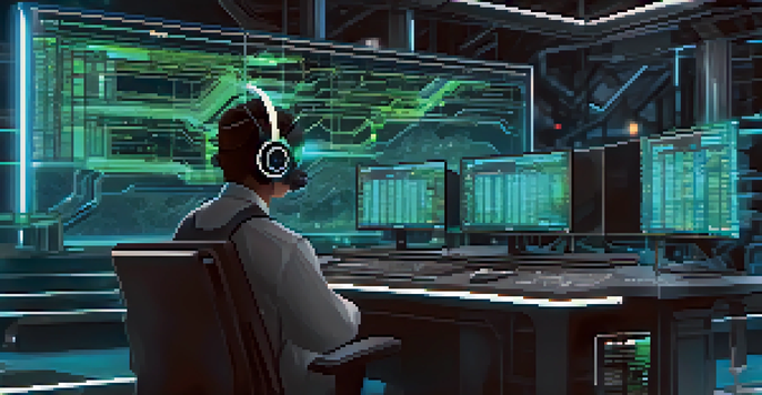 A miner working at a high-tech workstation in a futuristic mining facility, surrounded by glowing screens and advanced hardware.