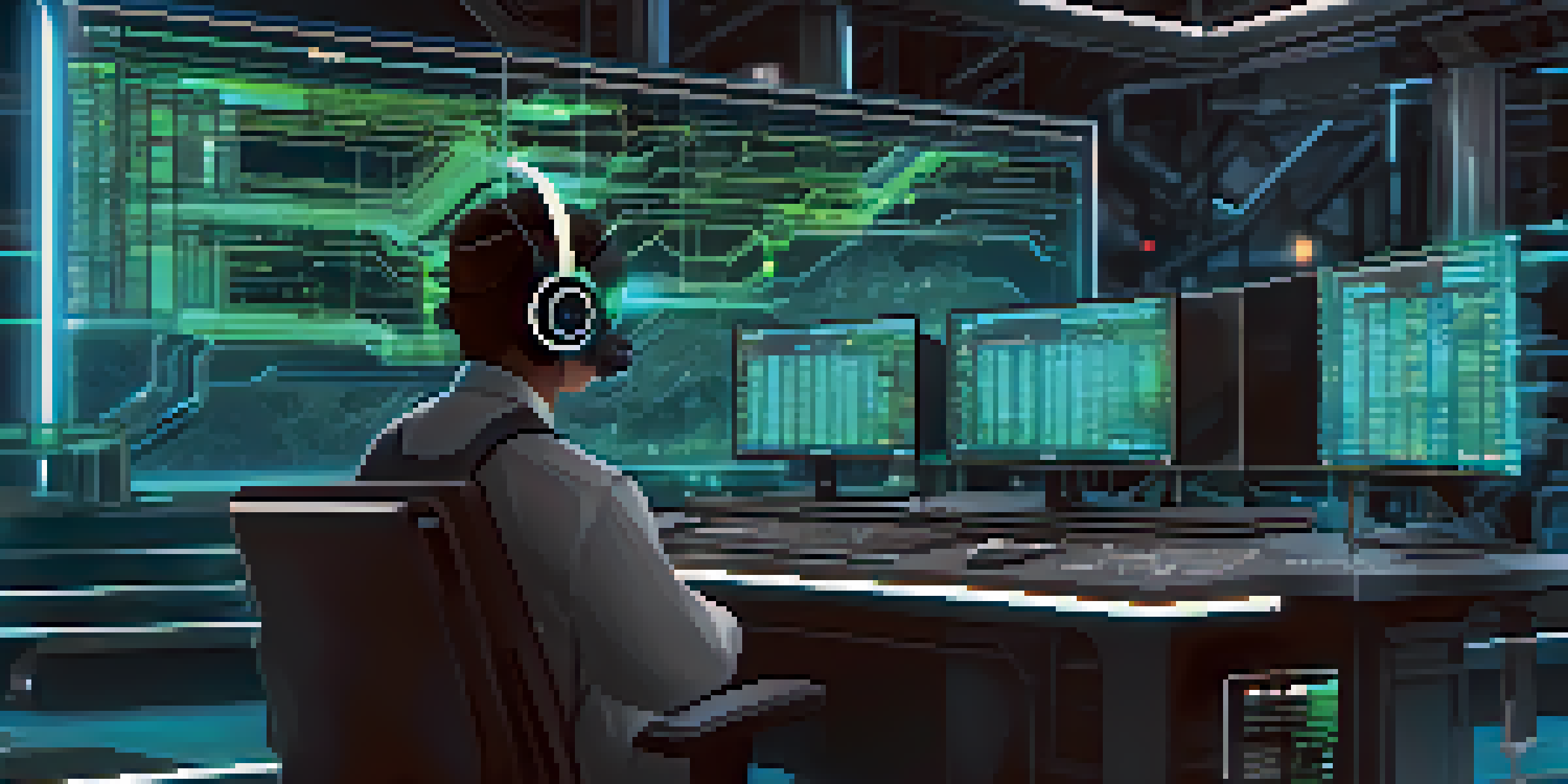 A miner working at a high-tech workstation in a futuristic mining facility, surrounded by glowing screens and advanced hardware.