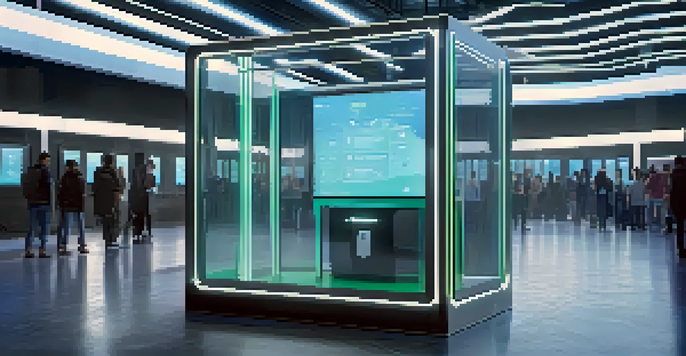 A transparent voting booth with a digital blockchain interface, featuring diverse voters casting their ballots in a brightly lit setting.