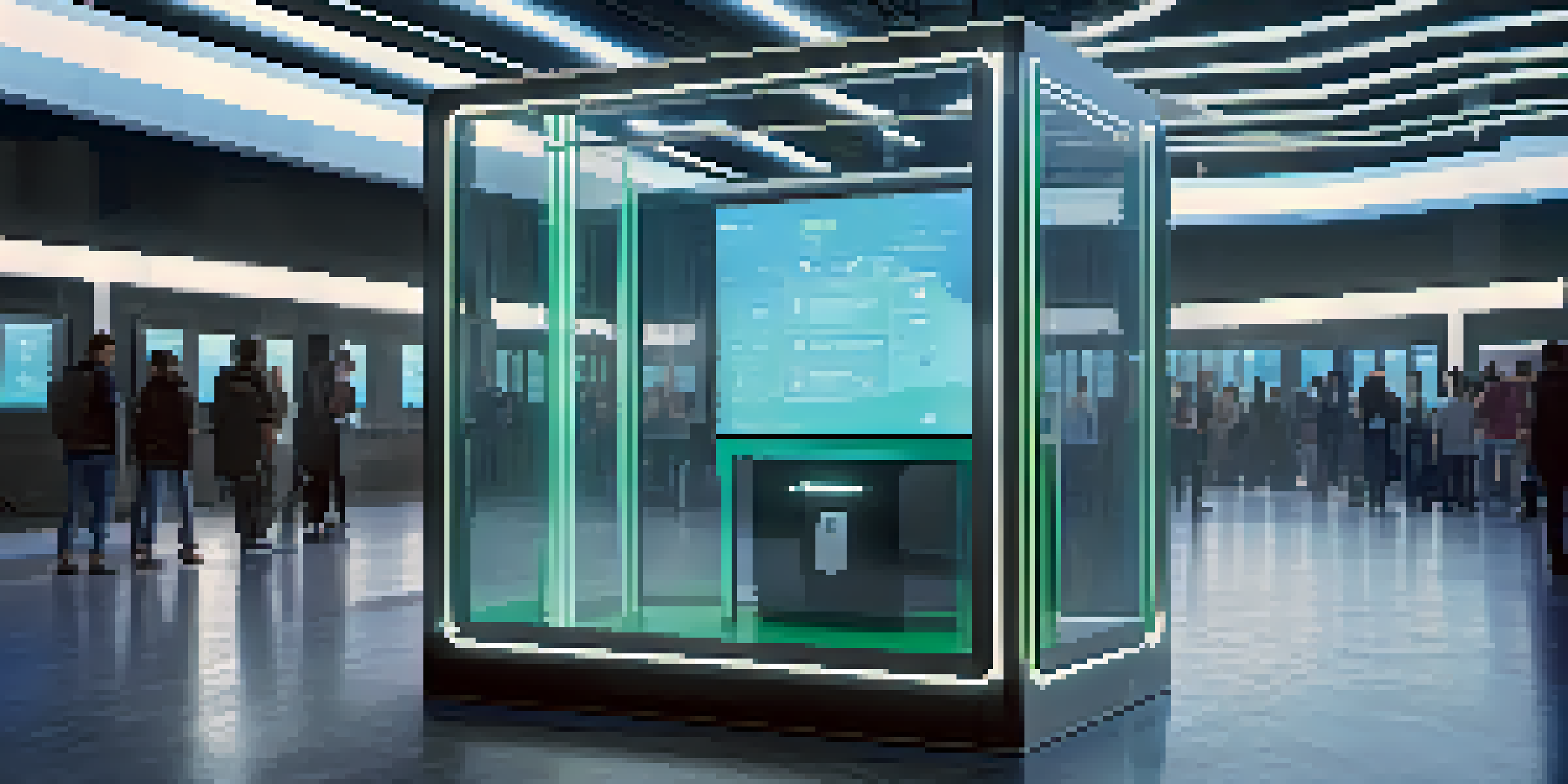 A transparent voting booth with a digital blockchain interface, featuring diverse voters casting their ballots in a brightly lit setting.