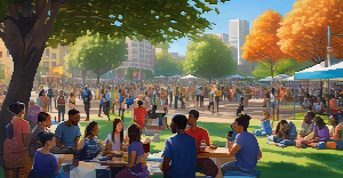 A diverse group of people gathered in a park discussing civic initiatives, with banners and smartphones representing cryptocurrency use.