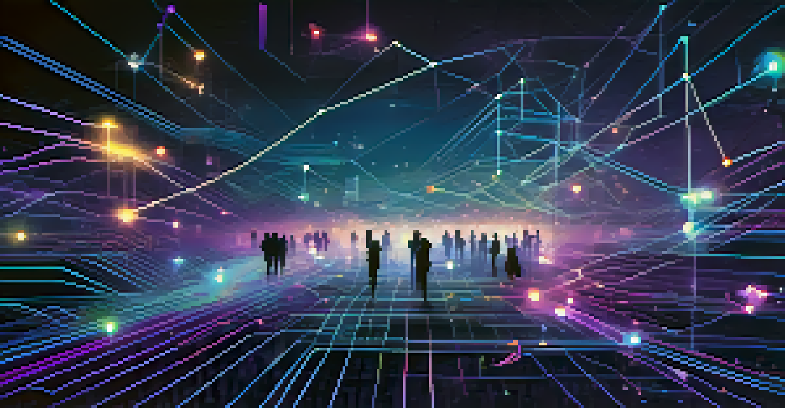 An abstract illustration of a digital community with glowing connections and cryptocurrency icons against a deep blue and purple background.