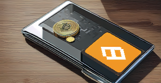 A modern cryptocurrency wallet on a wooden table, displaying cryptocurrency logos on its screen under soft natural light.