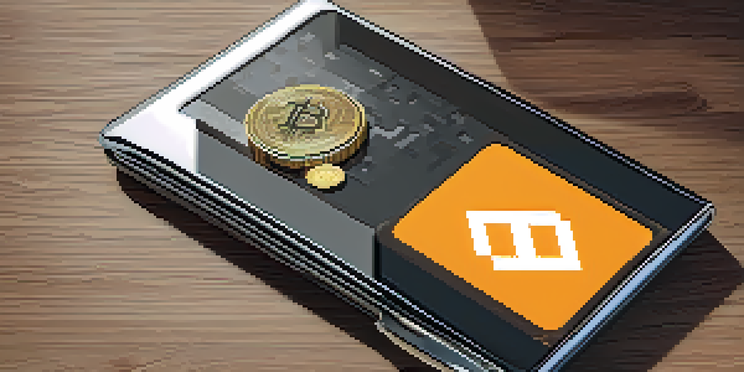 A modern cryptocurrency wallet on a wooden table, displaying cryptocurrency logos on its screen under soft natural light.