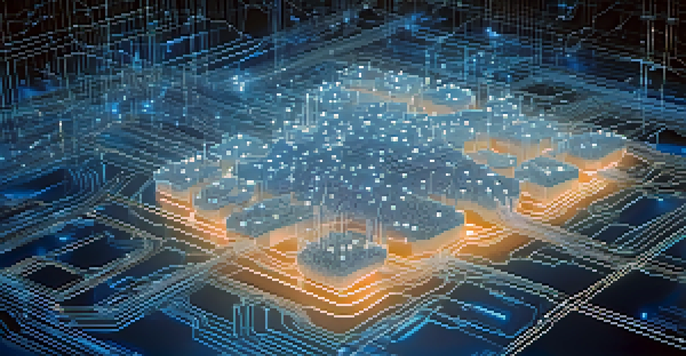 An illustration of a blockchain network with nodes and digital transactions, illuminated in blue light.