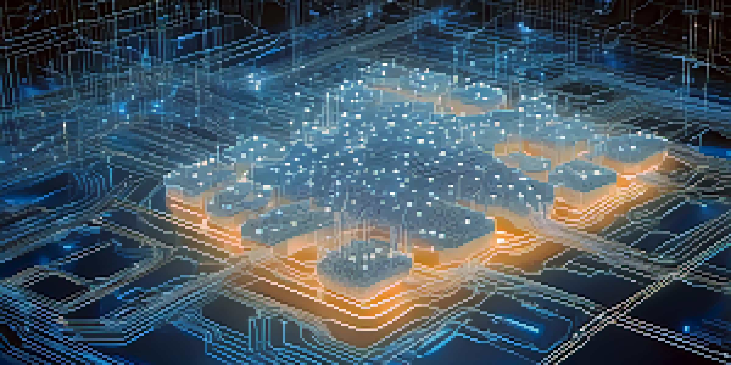An illustration of a blockchain network with nodes and digital transactions, illuminated in blue light.