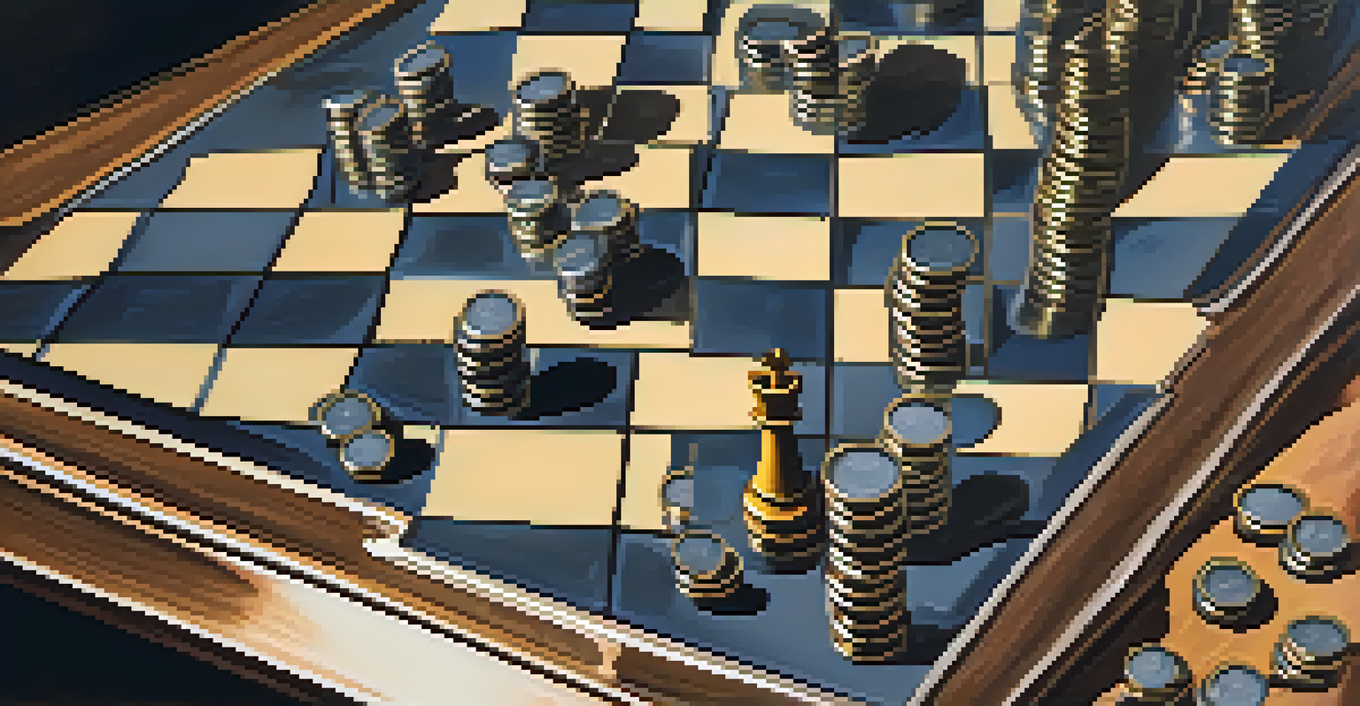 A chessboard made of coins and stocks, highlighting strategic investment decisions with a pair of hands moving a piece.
