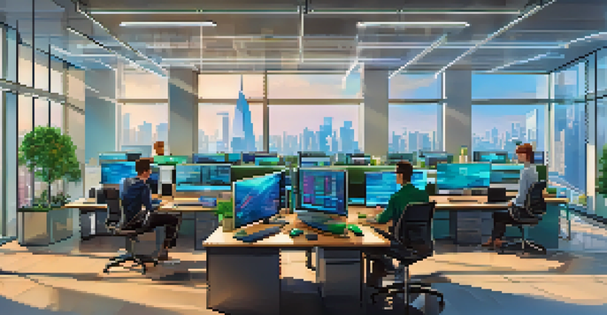 A modern cryptocurrency exchange office with diverse professionals analyzing data on monitors and a cityscape visible through large windows.
