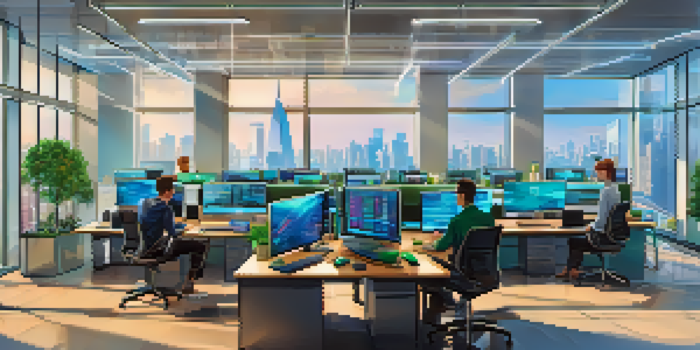 A modern cryptocurrency exchange office with diverse professionals analyzing data on monitors and a cityscape visible through large windows.