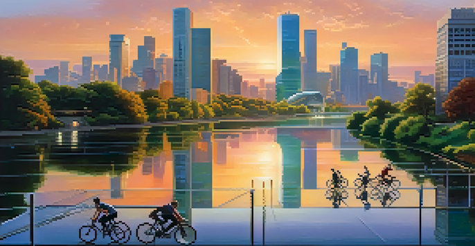 A futuristic city with glass skyscrapers at sunset, reflecting in a calm river with lush greenery and people on bicycles.