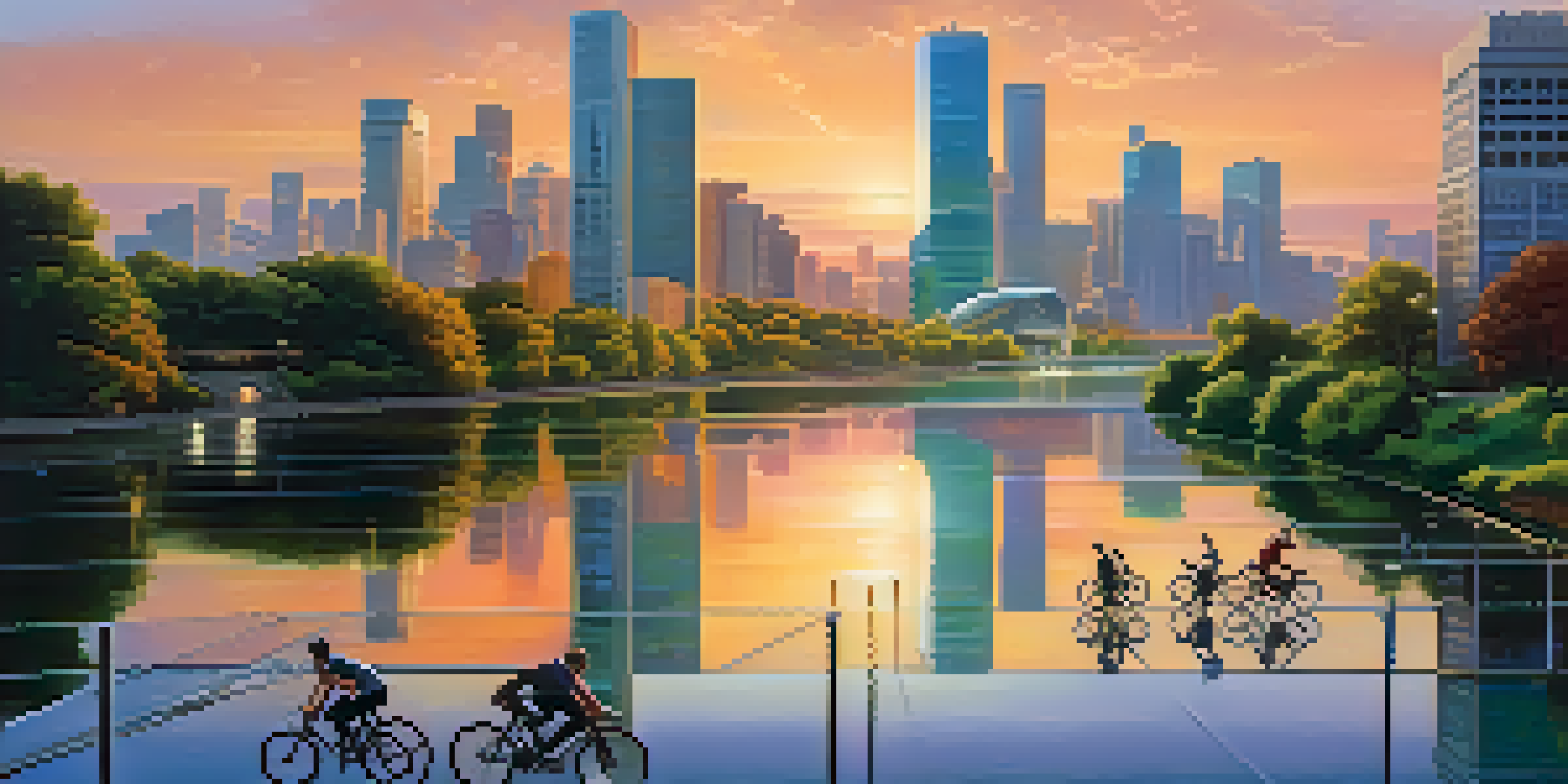 A futuristic city with glass skyscrapers at sunset, reflecting in a calm river with lush greenery and people on bicycles.
