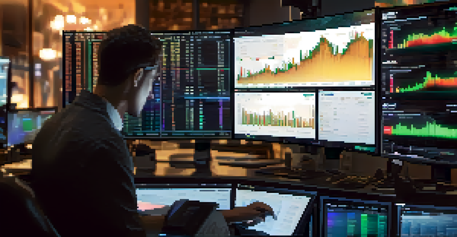 A close-up of a cryptocurrency trading screen with colorful charts and a focused trader in the background.