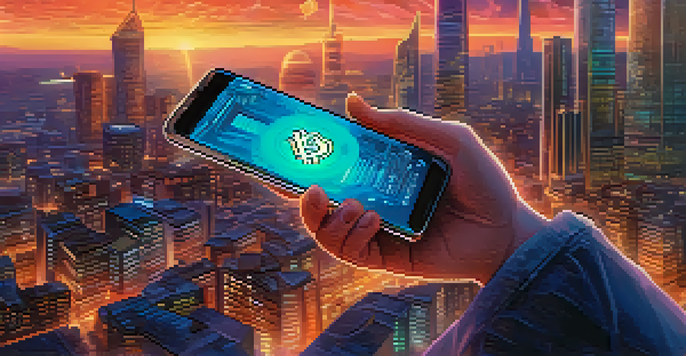 A person holding a smartphone showing a cryptocurrency wallet with floating cryptocurrency symbols in a city skyline background during twilight.
