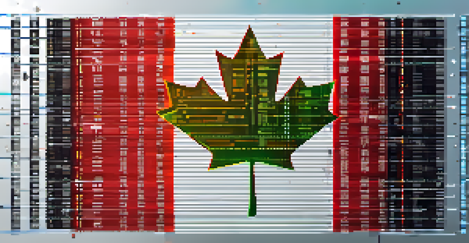An artistic representation of the Canadian flag with digital blockchain elements and binary code in the background.