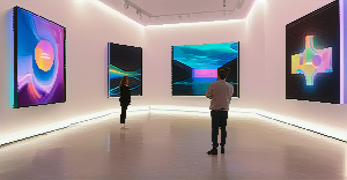 A modern digital art gallery with diverse visitors admiring NFT artworks displayed on screens and walls, with natural light illuminating the space.