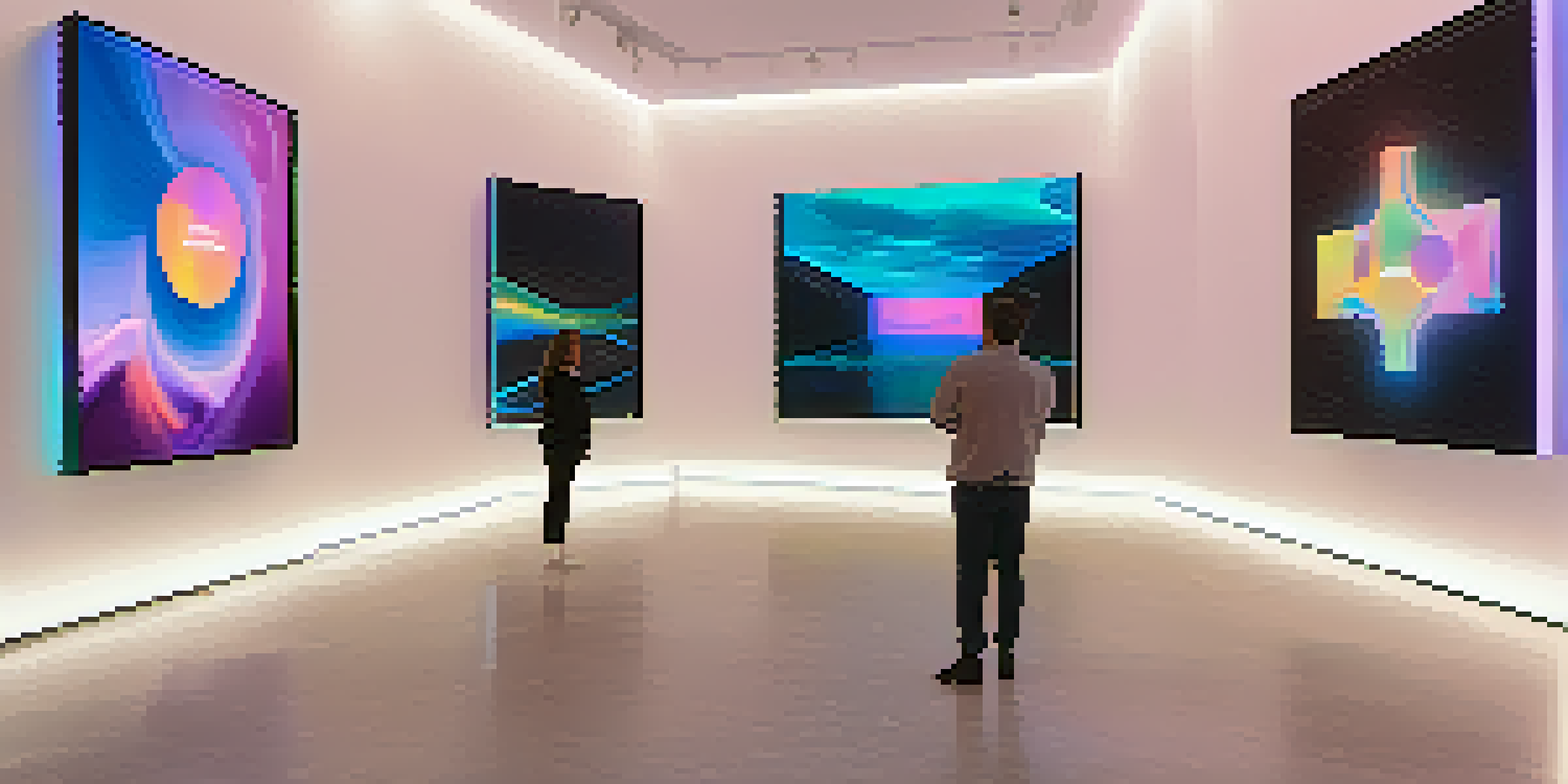 A modern digital art gallery with diverse visitors admiring NFT artworks displayed on screens and walls, with natural light illuminating the space.