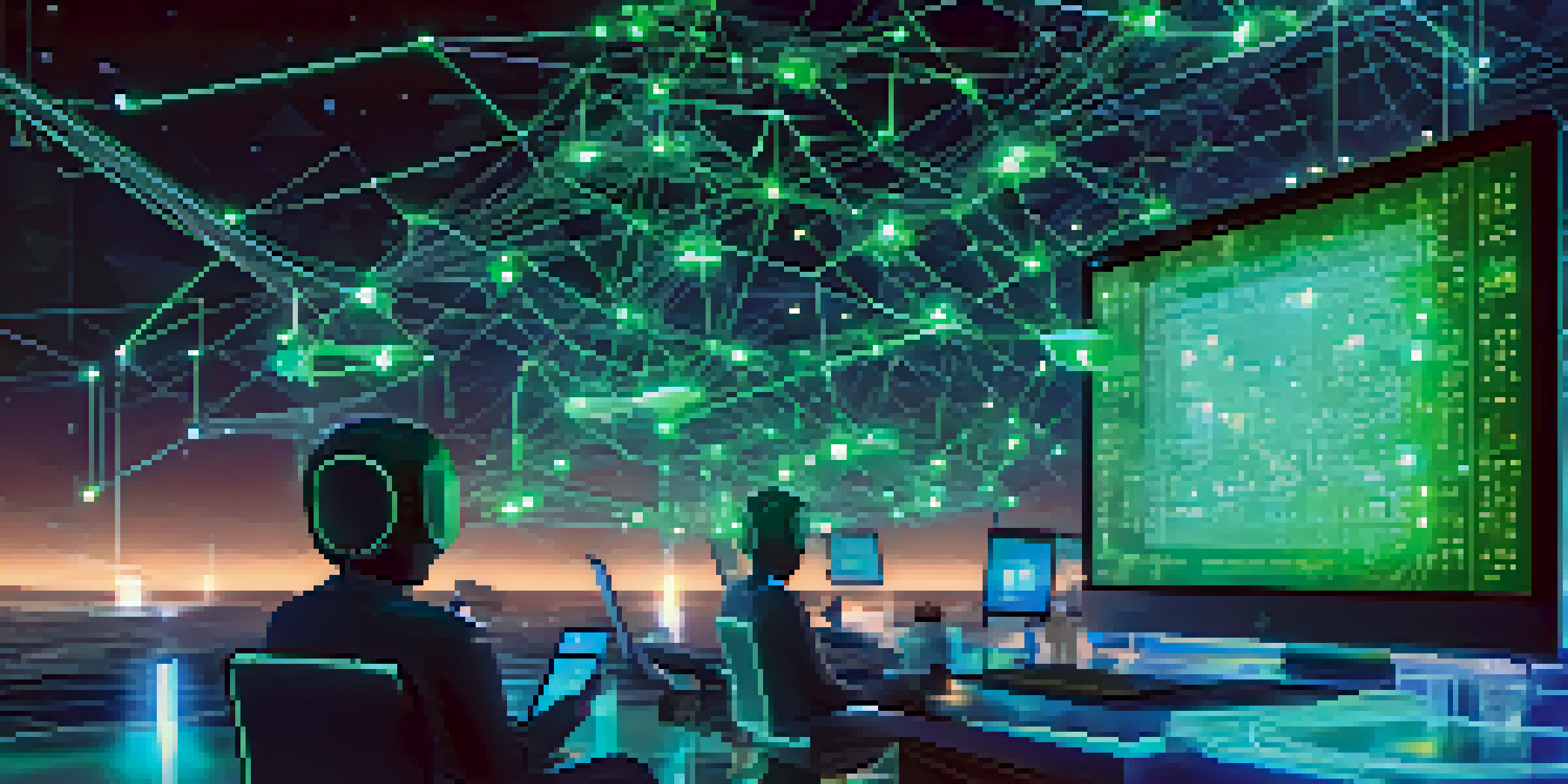 A visual representation of a smart contract with a glowing blockchain network and floating transaction icons, illuminated in blue and green hues.