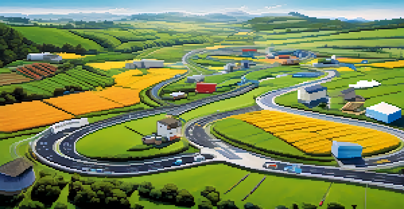 A peaceful landscape illustrating supply chain management with products along a winding road.