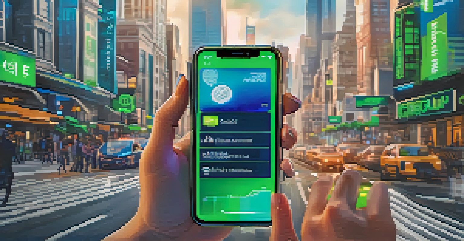 A close-up of a woman's hands using a digital wallet app on her smartphone, with an urban backdrop emphasizing financial empowerment.