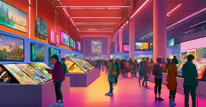 A digital art marketplace filled with users viewing and discussing NFT artworks on large screens, showcasing a colorful and modern environment.