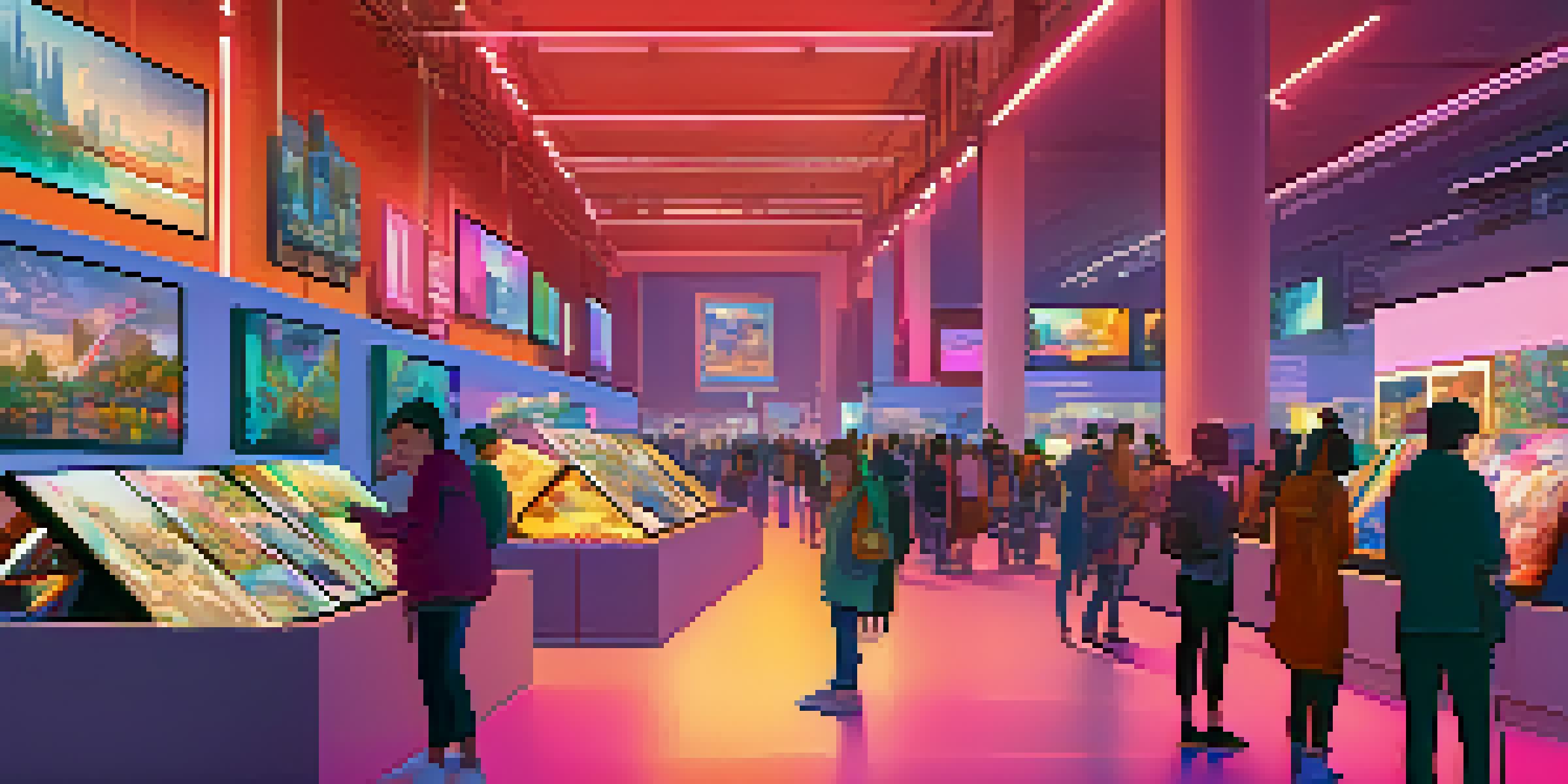 A digital art marketplace filled with users viewing and discussing NFT artworks on large screens, showcasing a colorful and modern environment.