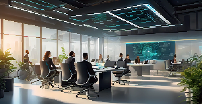 A diverse team of professionals in a modern office discussing smart contract technology, surrounded by screens displaying blockchain graphics.