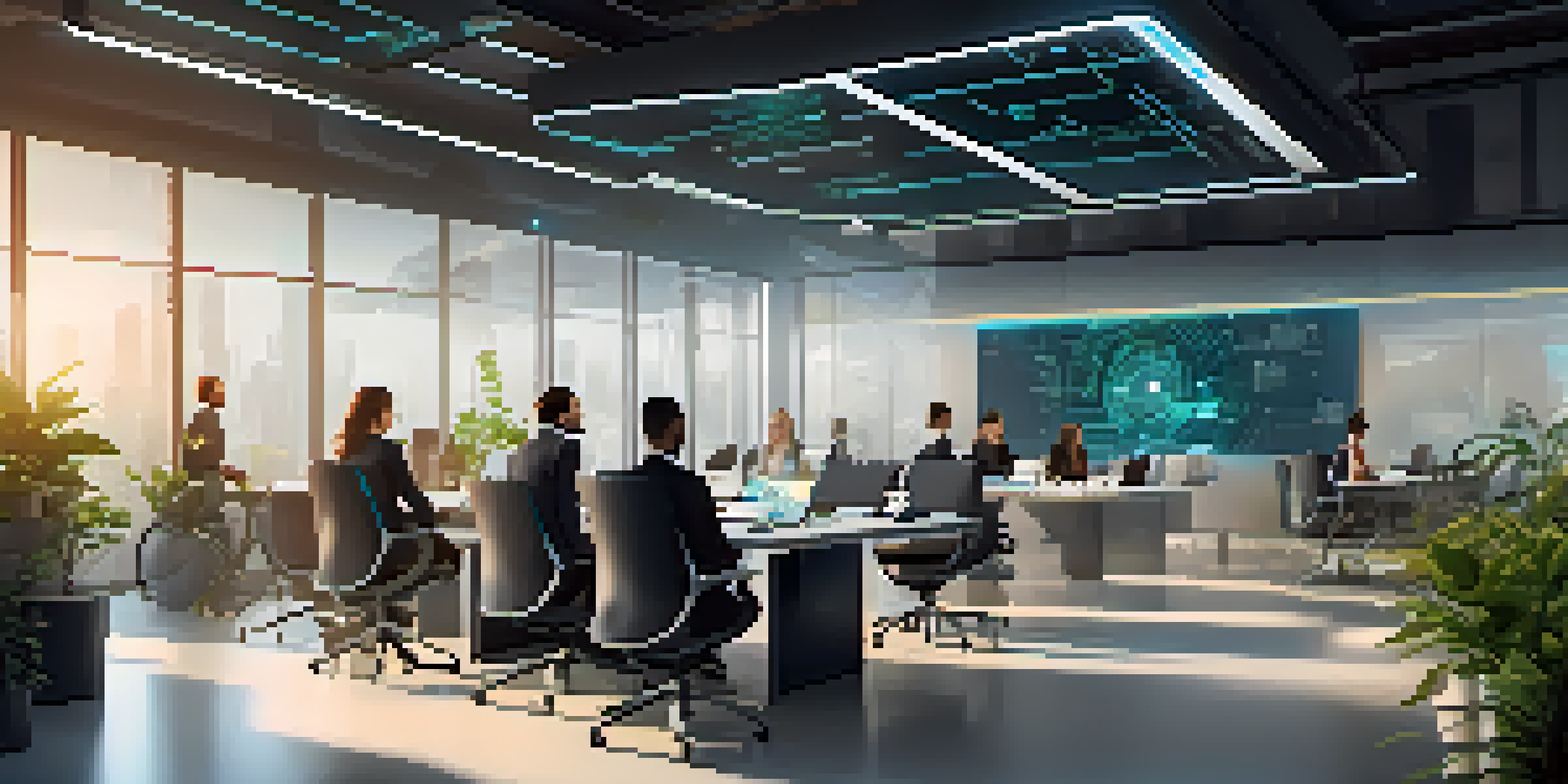 A diverse team of professionals in a modern office discussing smart contract technology, surrounded by screens displaying blockchain graphics.