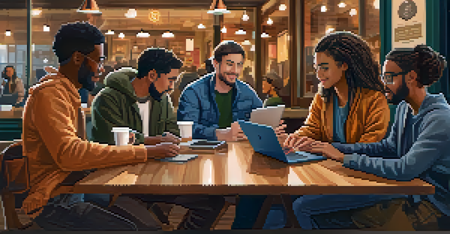 A diverse group of people in a coffee shop discussing cryptocurrency and remittance services over laptops and smartphones.