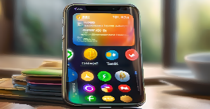 A smartphone showing a digital mobile wallet interface with various cryptocurrency icons on a wooden table.
