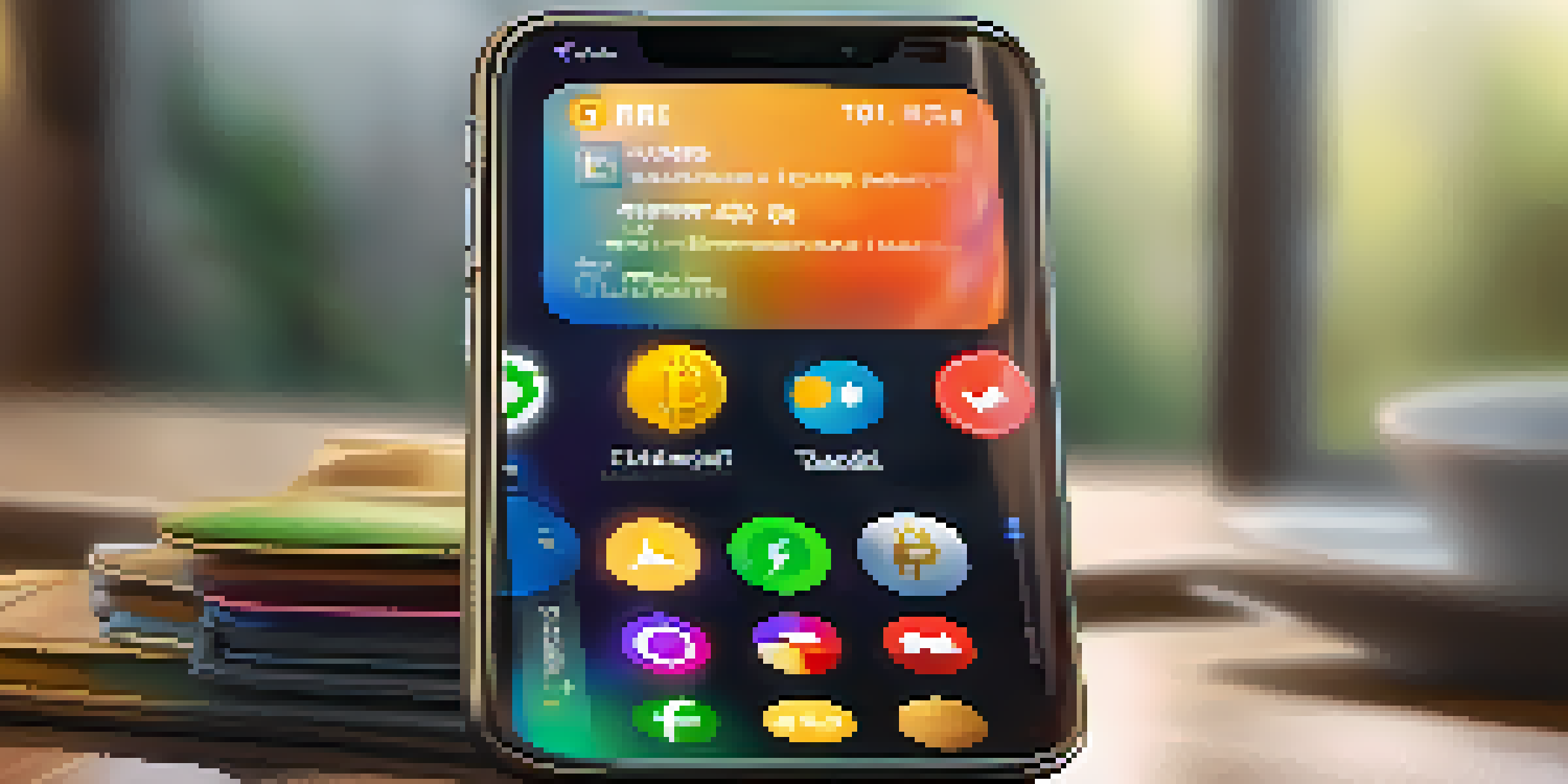 A smartphone showing a digital mobile wallet interface with various cryptocurrency icons on a wooden table.