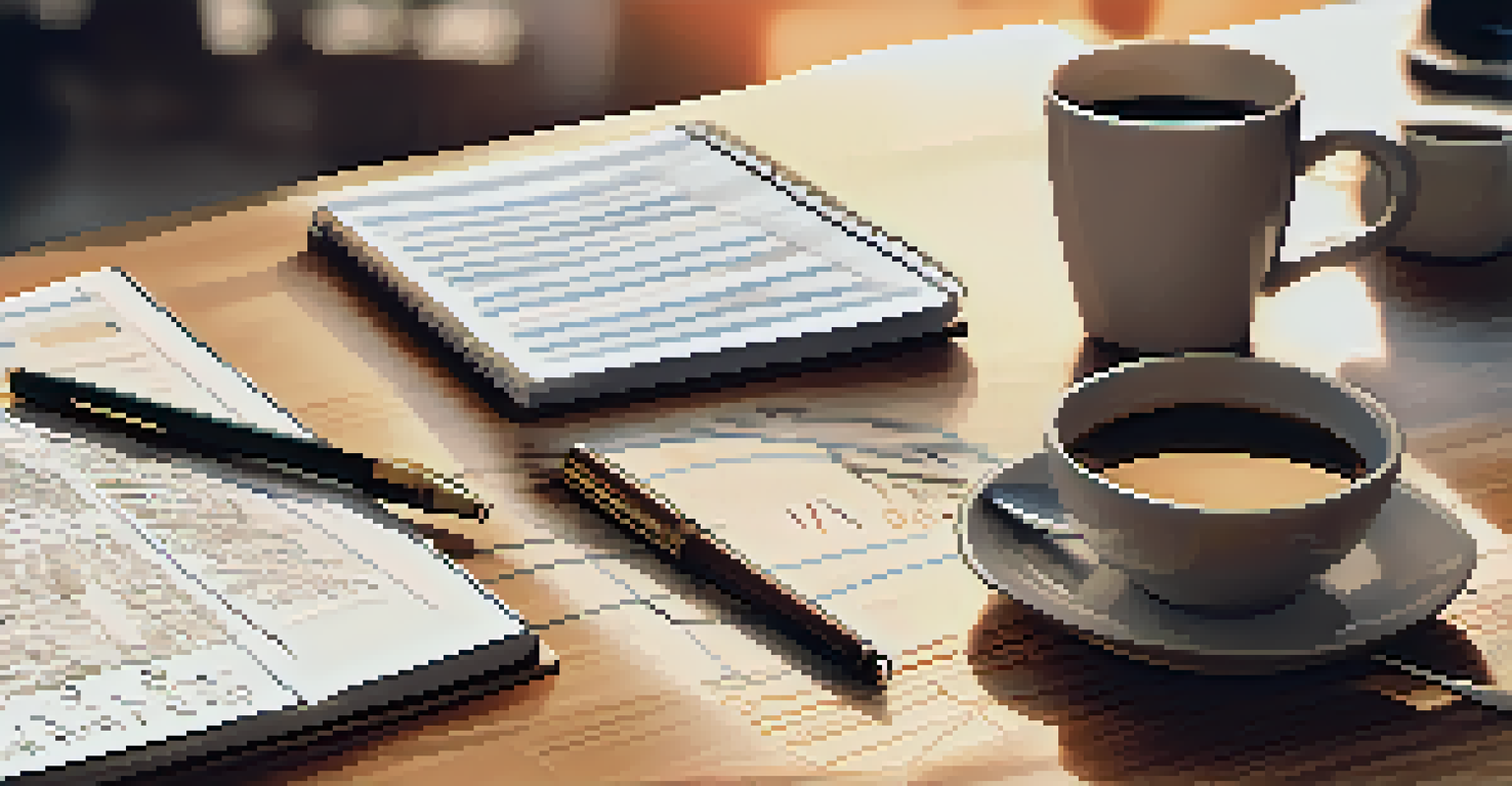 A close-up of a hand writing in a trading journal, with a cup of coffee and a smartphone beside it, symbolizing trading reflection.