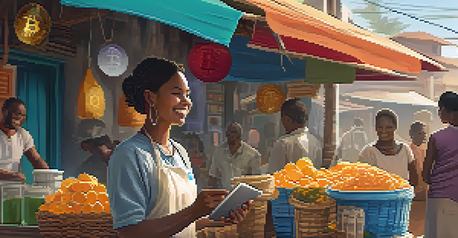 A small business owner in a market stall accepting cryptocurrency payments on a tablet, surrounded by local goods.