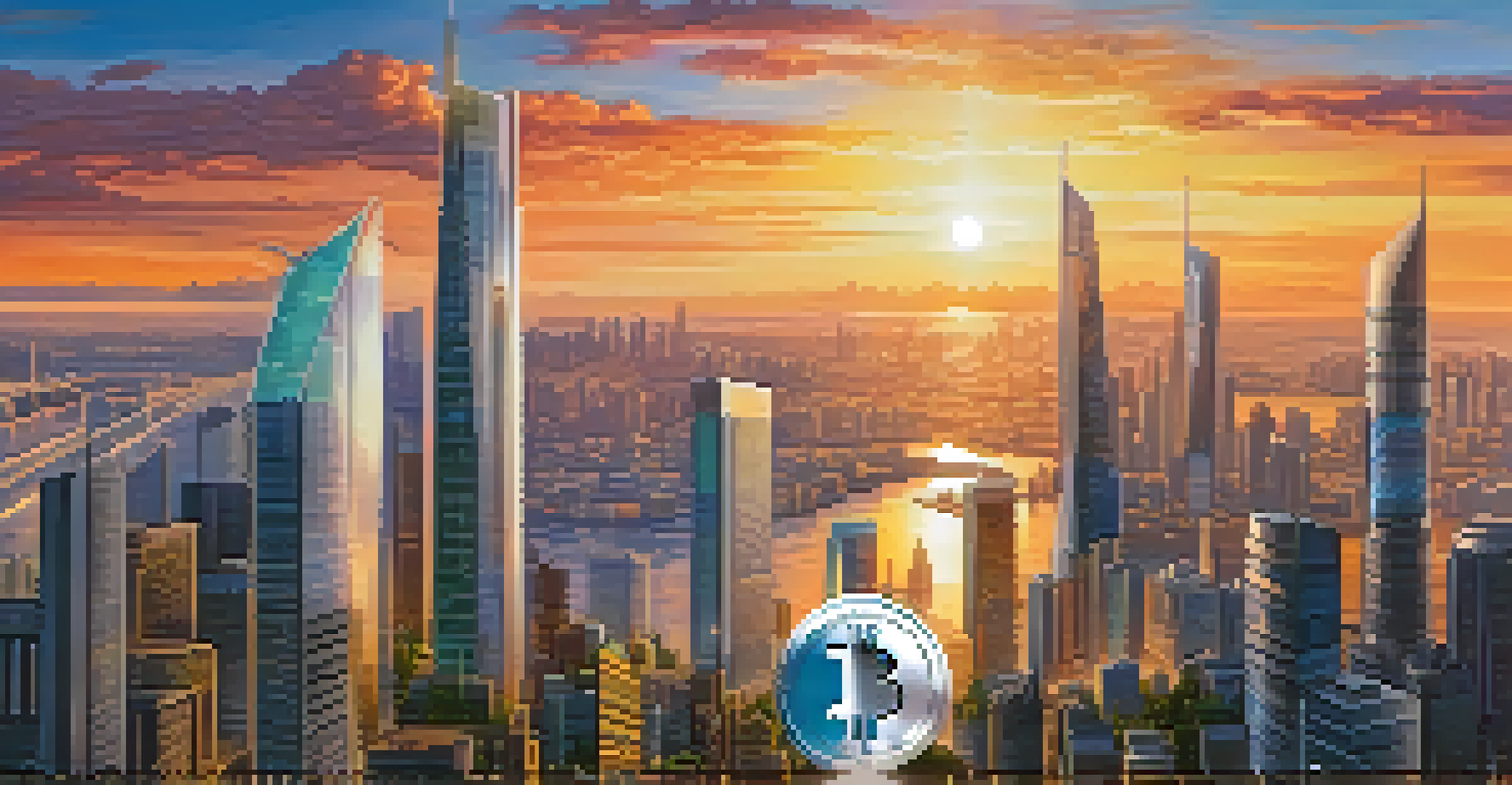 A city skyline with futuristic buildings featuring digital displays of cryptocurrency trading statistics and bright sunrise in the background.