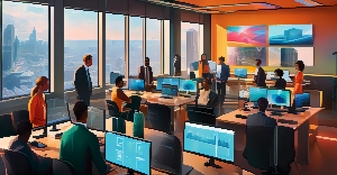 A diverse team of professionals working together in a modern office, discussing blockchain technology with screens showing data on supply chain transactions.